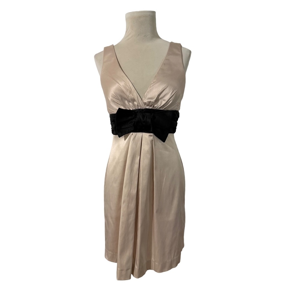 Vintage Y2K‎ Charlotte Russe Champagne Satin Black Bow V Neck Cocktail Dress M